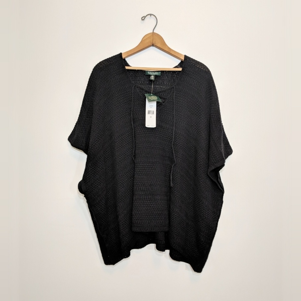 NEW $135 Ralph Lauren Linen Lace-Up Poncho Black or Pool Cover-Up